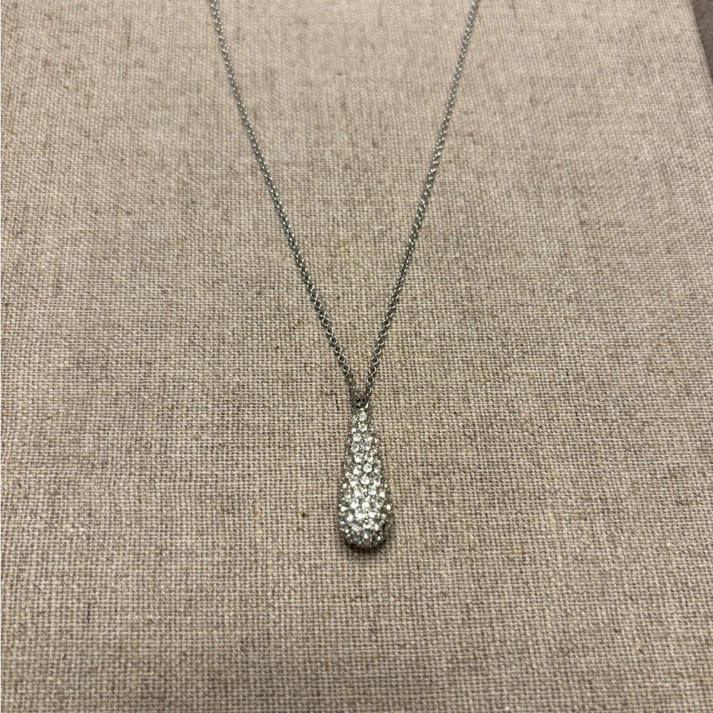 Ann Taylor Silver Tone Pave Crystal Teardrop Pendant Necklace